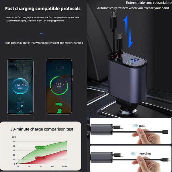 4 in 1 Retractable Car Charger, Fast Charging Car Charger